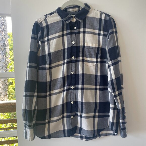 J. Crew Boy Fit Button Down, Long Sleeve Plaid Flannel in Navy and White, Small‎ - Picture 1 of 6
